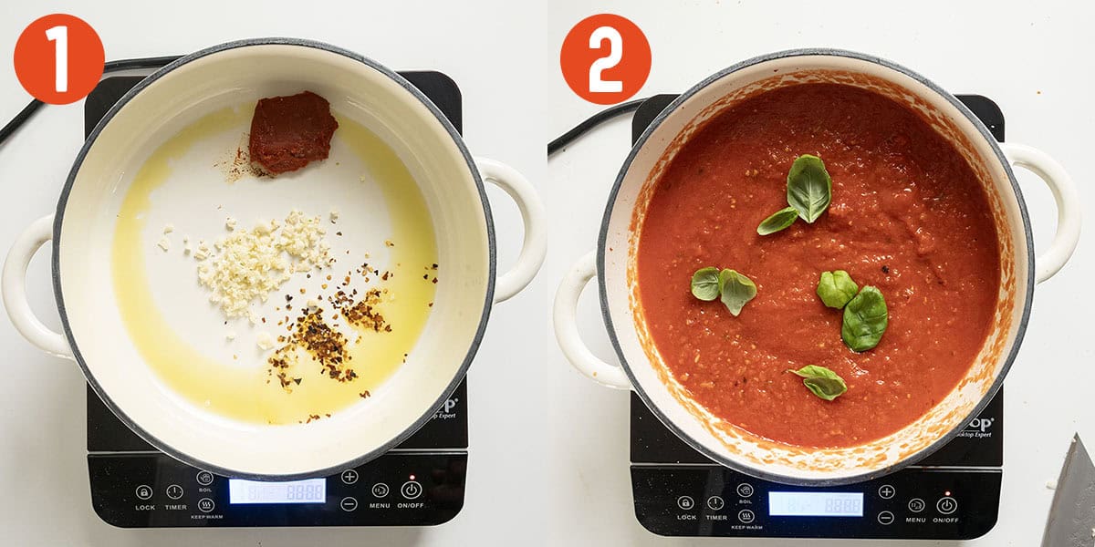 Making marinara sauce in a pan.