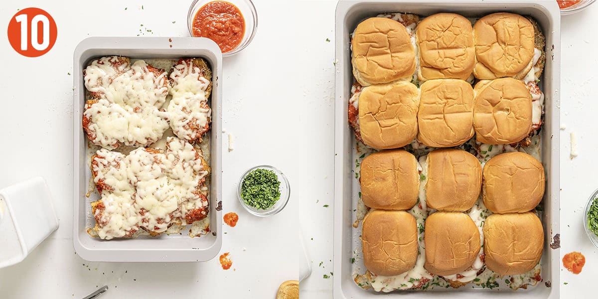 Baking chicken parm and topping with buns.