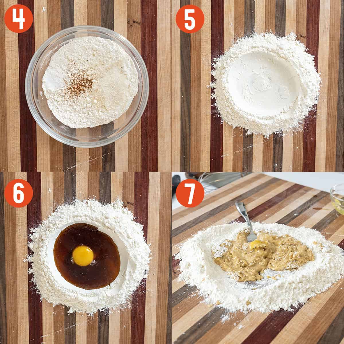 Mixing flour, egg, and marsala for cannoli chips.