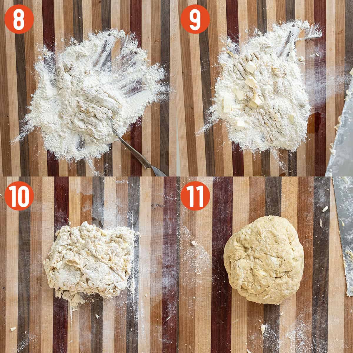 Chopping and kneading dough.