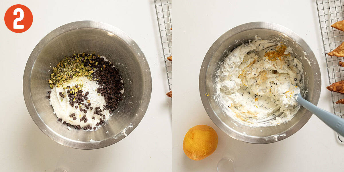 Combining ricotta, chocolate, vanilla, orange zest, and pistachios for cannoli dip.
