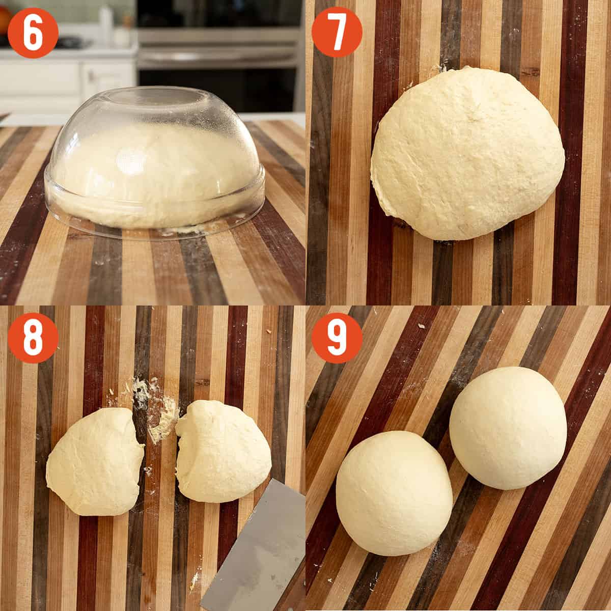 Splitting the dough in half.