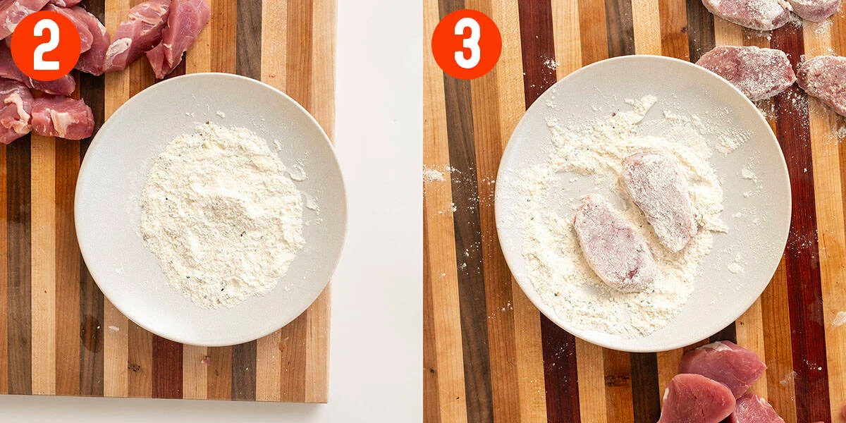 Dredging pork tenderloin medallions in flour.
