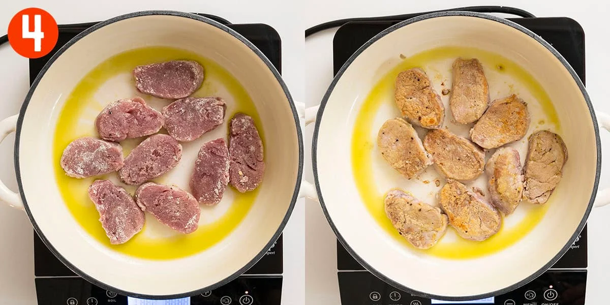 Searing pork tenderloin medallions.