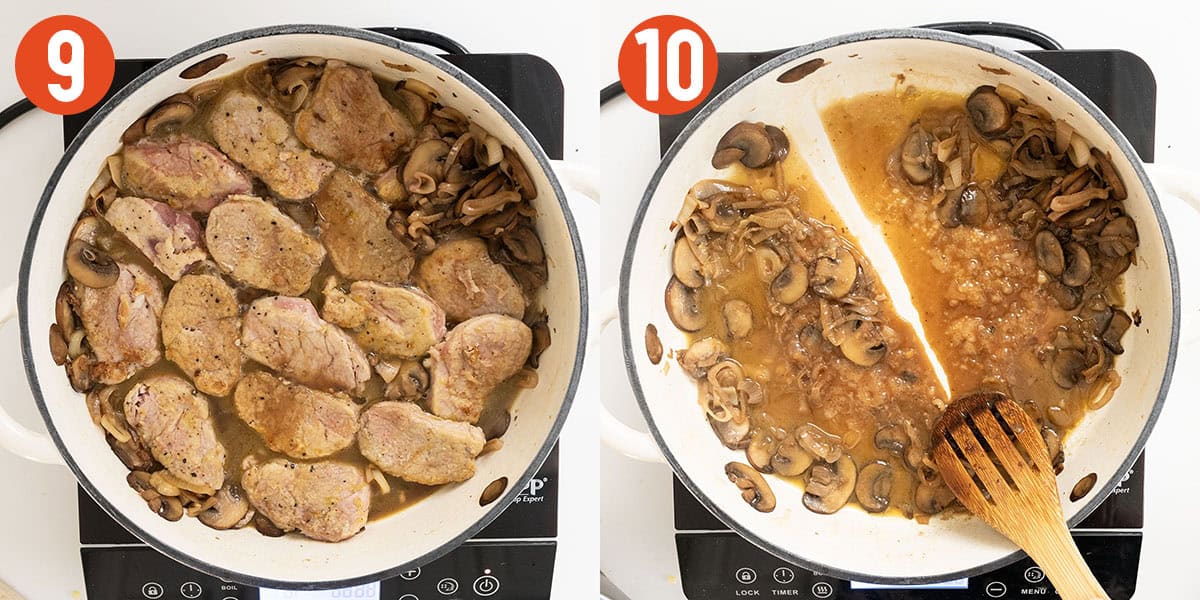 Simmering pork tenderloin medallions in marsala sauce.