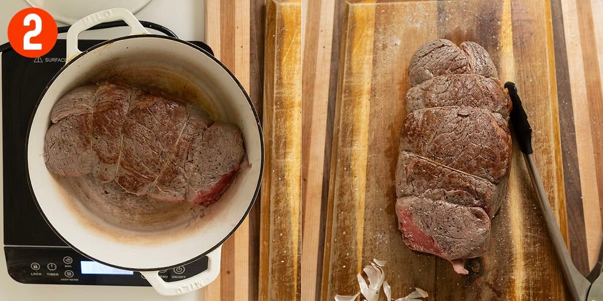 Searing roast beef on all sides.