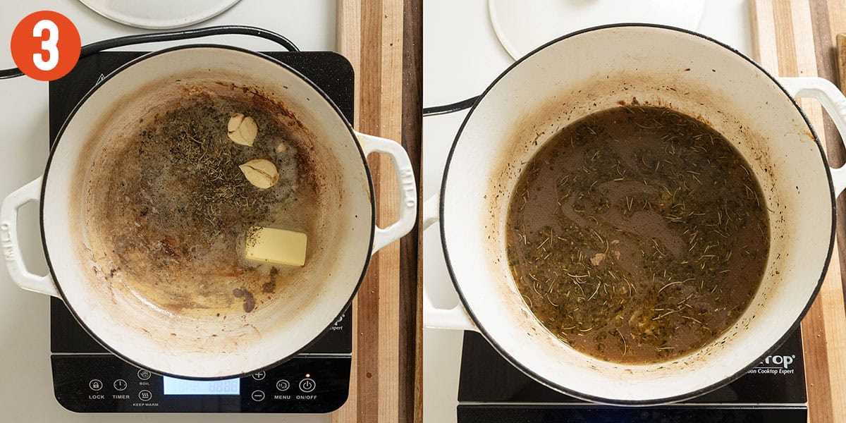 Sauteing butter, garlic, and Italian seasoning and adding beef stock.