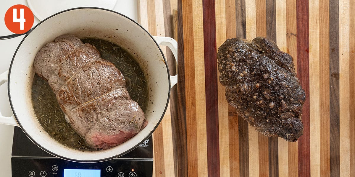 Braising roast beef in a dutch oven and resting on a cutting board.