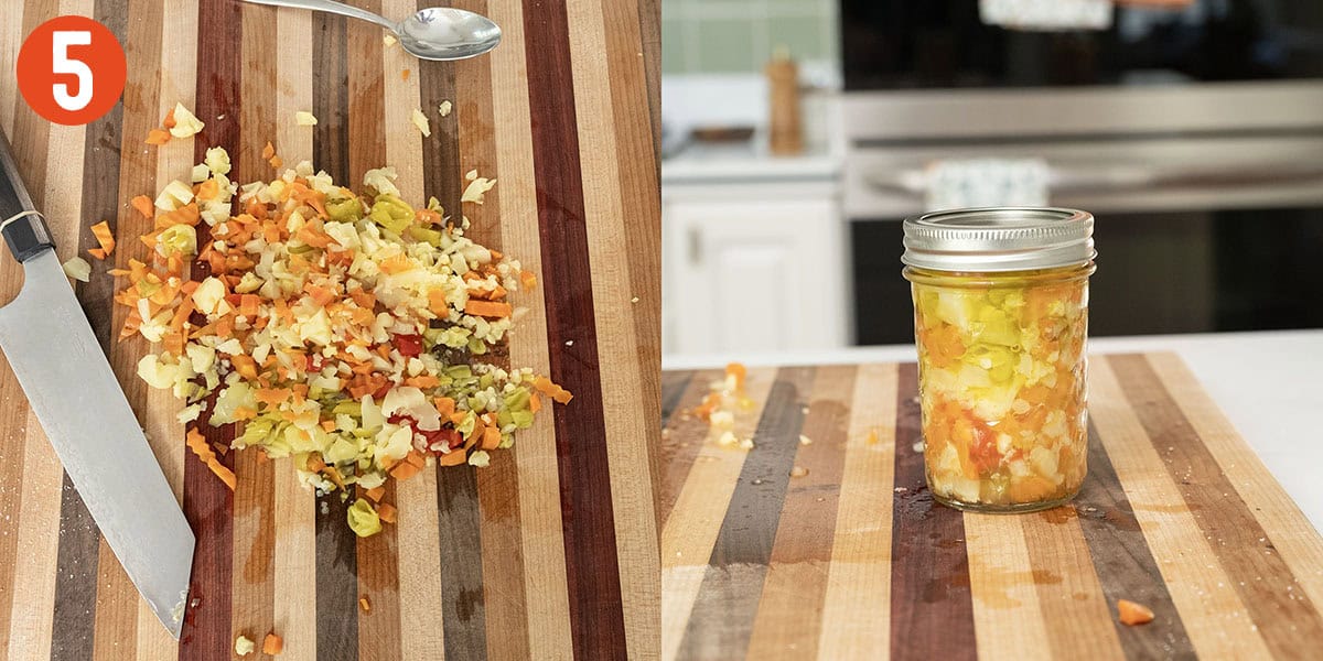 Chopping giardiniera and placing in olive oil.