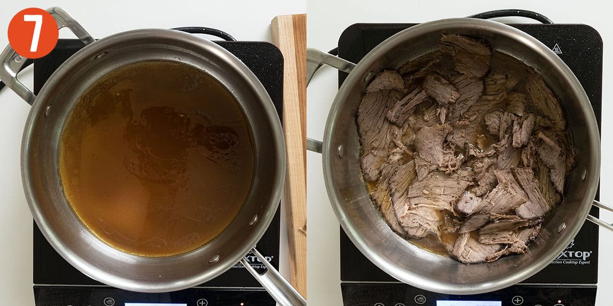 Heating thinly sliced roast beef in beef stock.