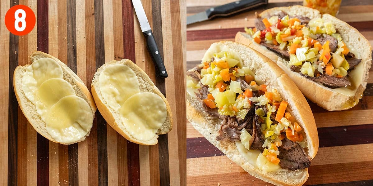 Toasted bread with provolone topped with roast beef and giardiniera.