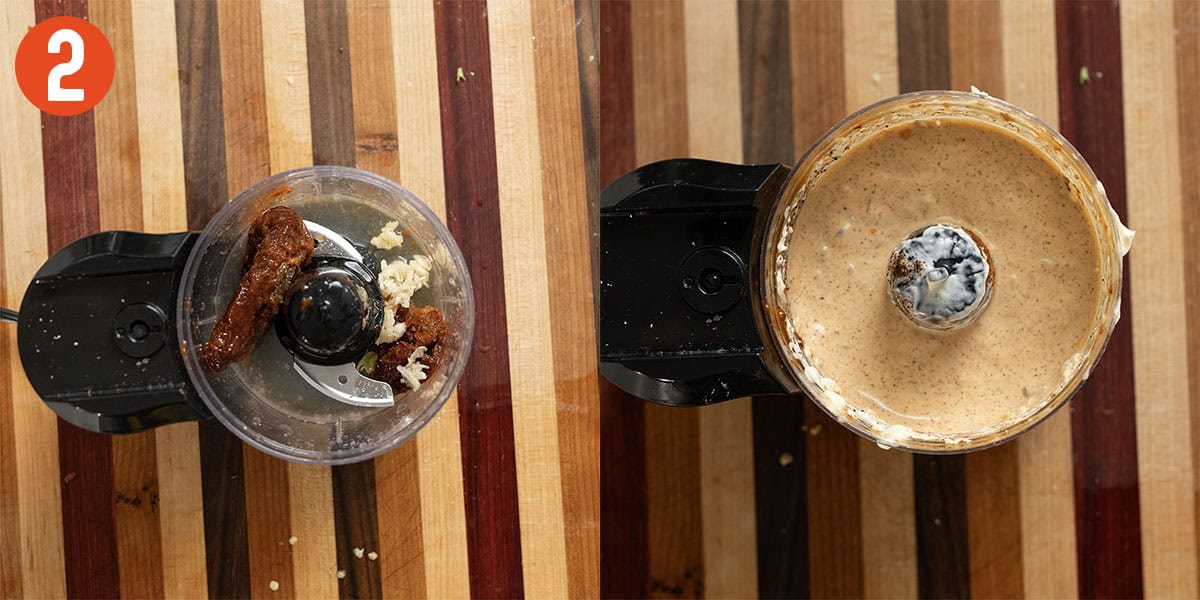 Combining ingredients for volcano sauce in a food processor.