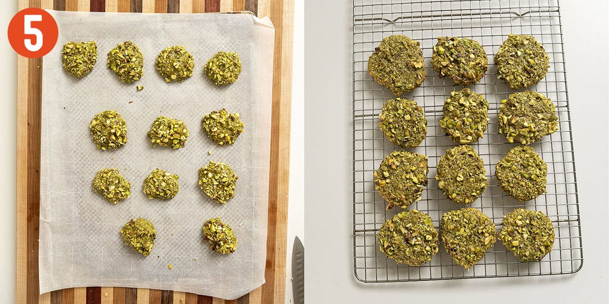 Baking and cooling pistachio cookies.