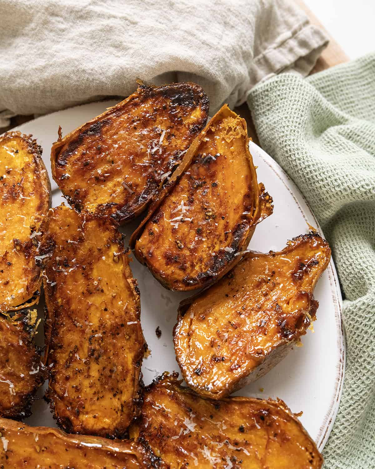 Parmesan crusted roast sweet potato halves.