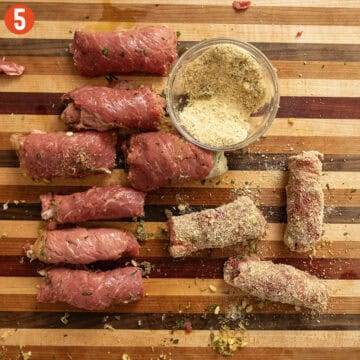 Rolled beef spiedini, brushed with olive oil and coated with breadcrumbs.