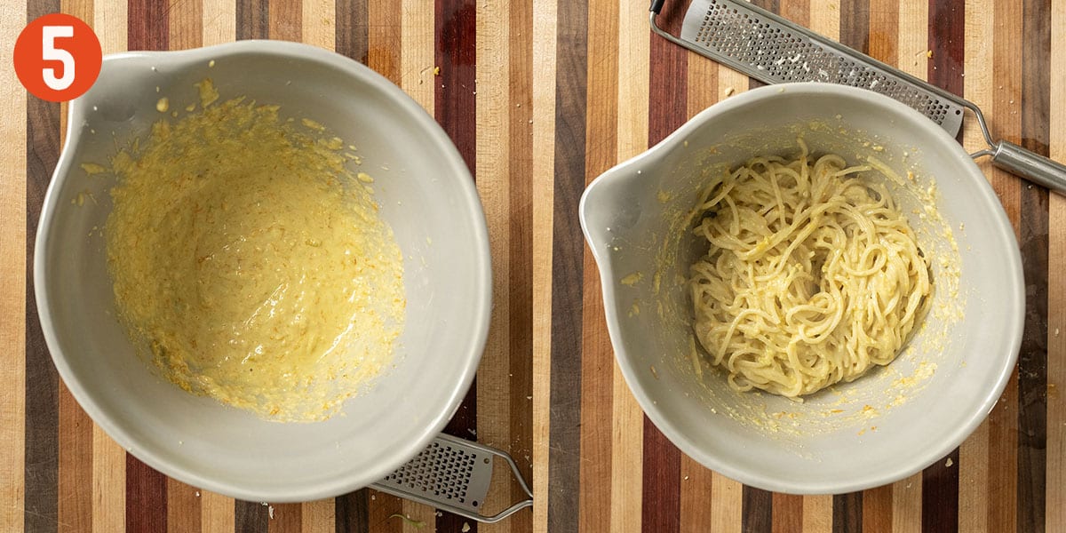 Combining pasta water and pasta with the zucchini flower sauce.