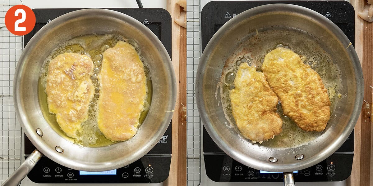 Frying battered in chicken breast in olive oil.