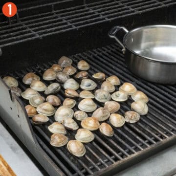 Clams spread out on the grill.