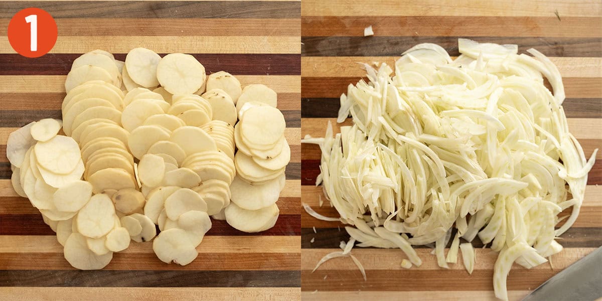 Slicing fennel and potatoes thinly.