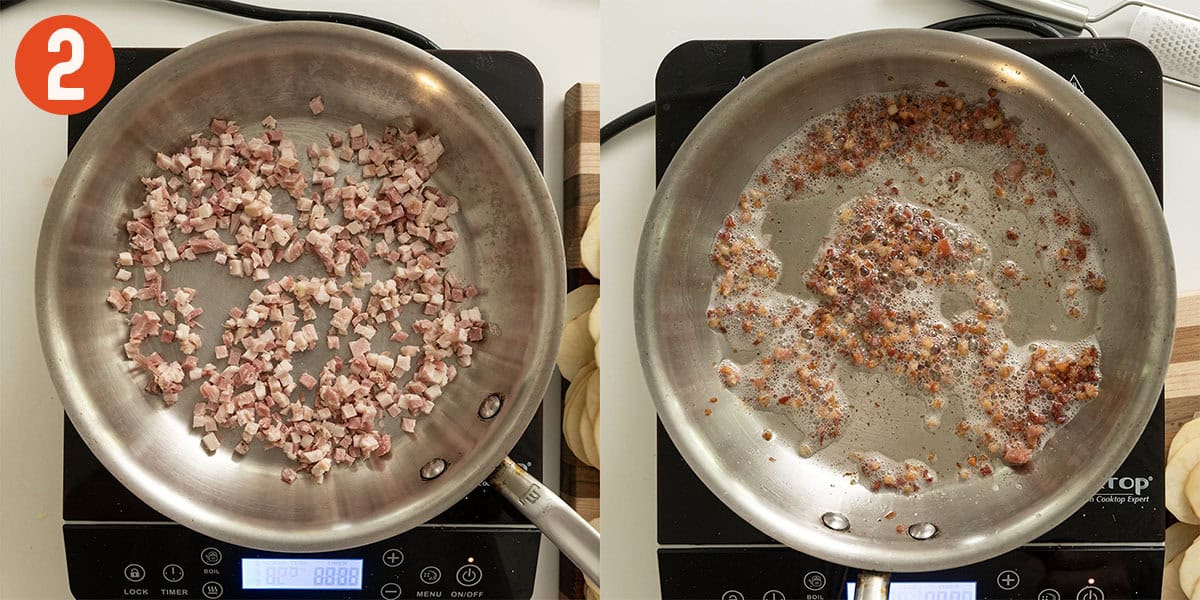 Frying pancetta in a saucepan until golden brown.