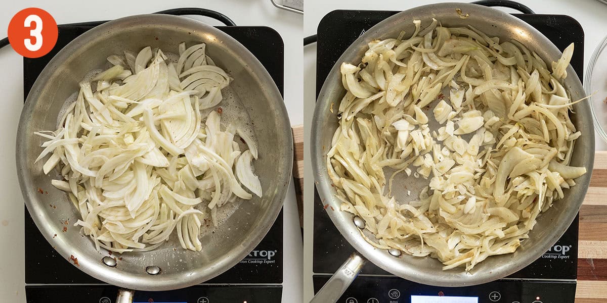 Sauteing fennel in a saucepan.