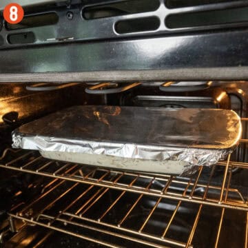 Baking the dish covered with aluminum foil.