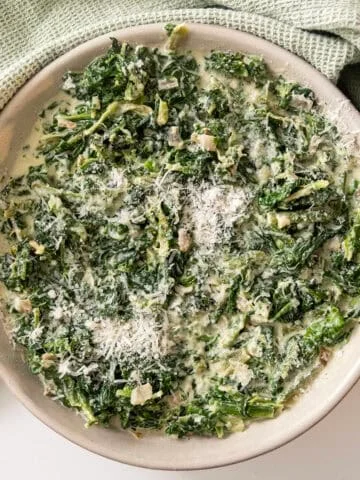 Steakhouse creamed spinach in a serving bowl.