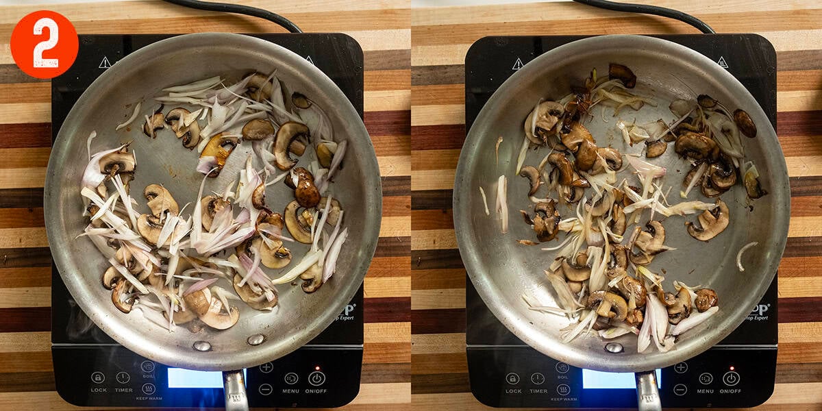 Sauteing mushrooms and shallots in a saucepan.