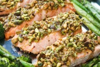 Maple-Dijon Glazed Salmon with Pistachio Crunch and Fresh Spring Medley