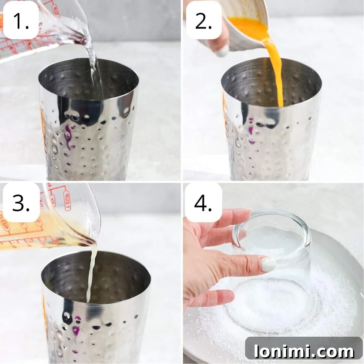 Numbered step-by-step photos illustrating the process of making a passion fruit margarita, from rimming the glass to shaking and pouring.