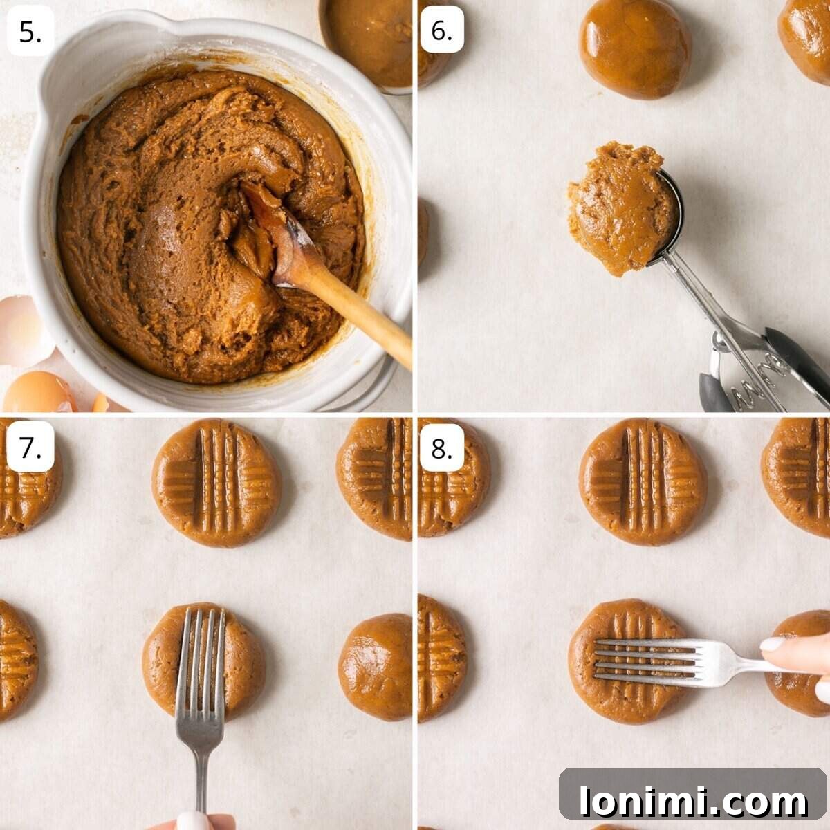 Mary's Signature Gluten-Free Peanut Butter Cookies 5 Four sequential photos demonstrating how to scoop cookie dough, place it on a baking sheet, and create the classic criss-cross pattern using a fork before baking.