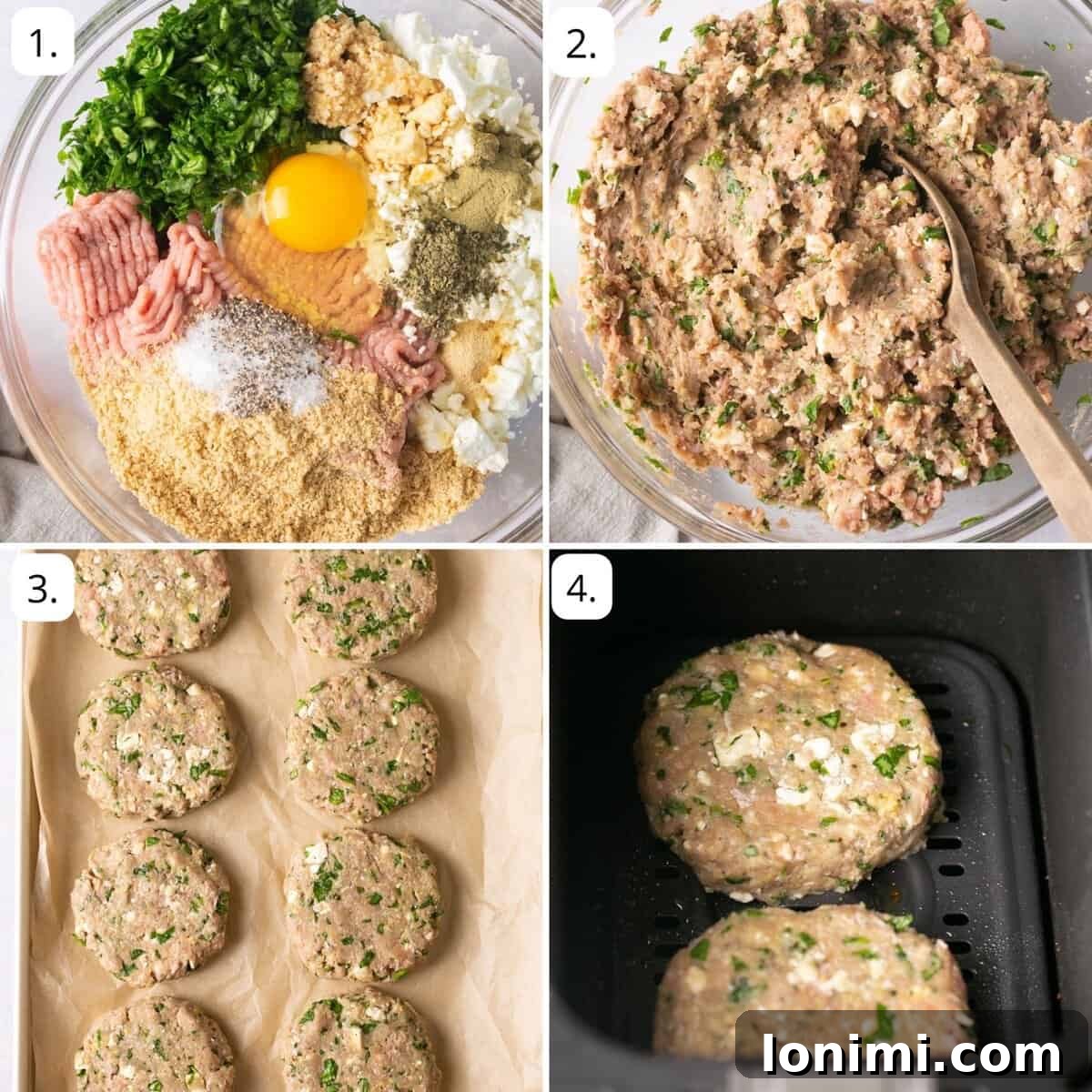 Flavorful Air-Fried Turkey Burgers with Spinach and Feta 4 A series of four images showing the step-by-step process of preparing air fryer turkey burgers, from mixing ingredients to forming patties.