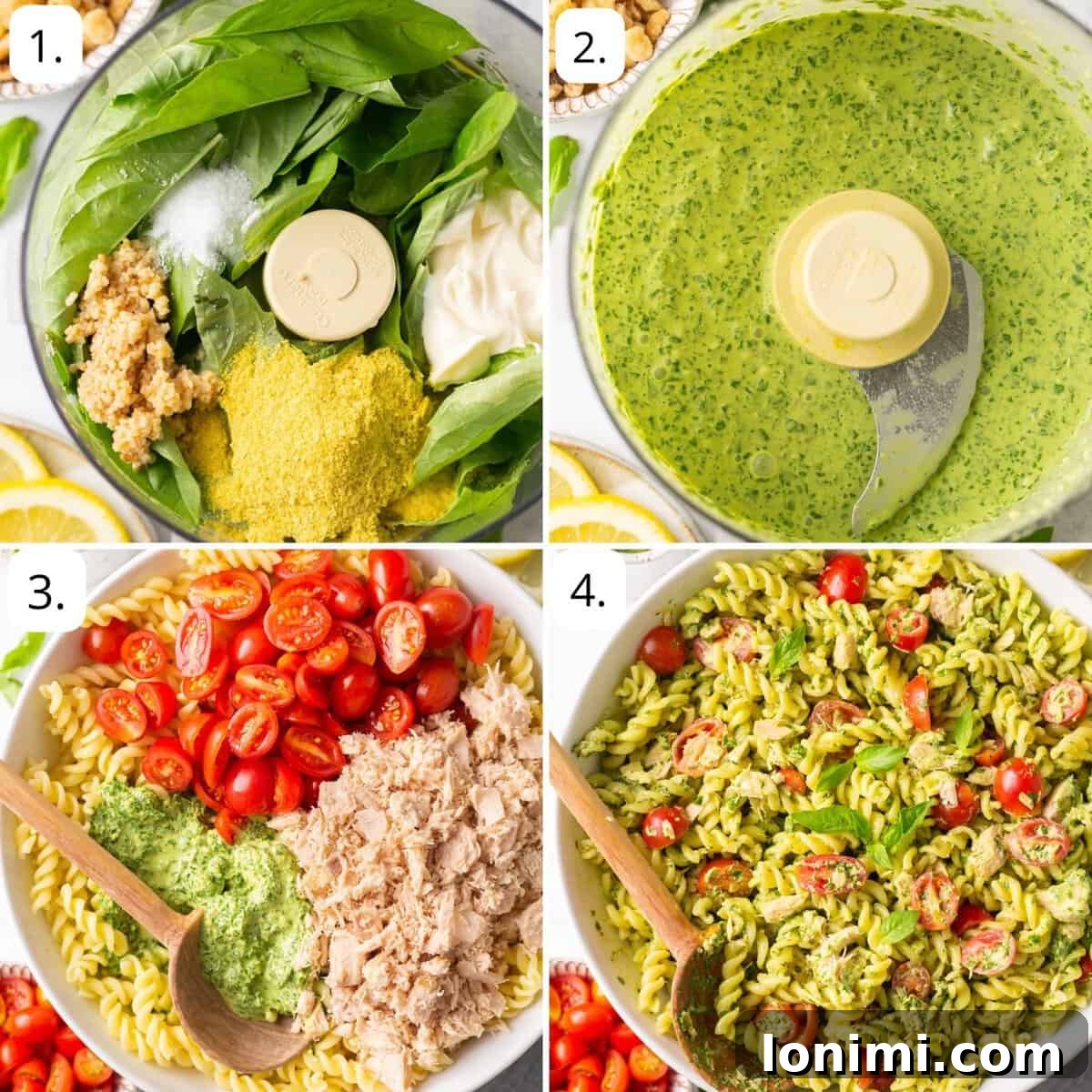 four quadrants of step by step photos for how to make this pesto tuna pasta recipe