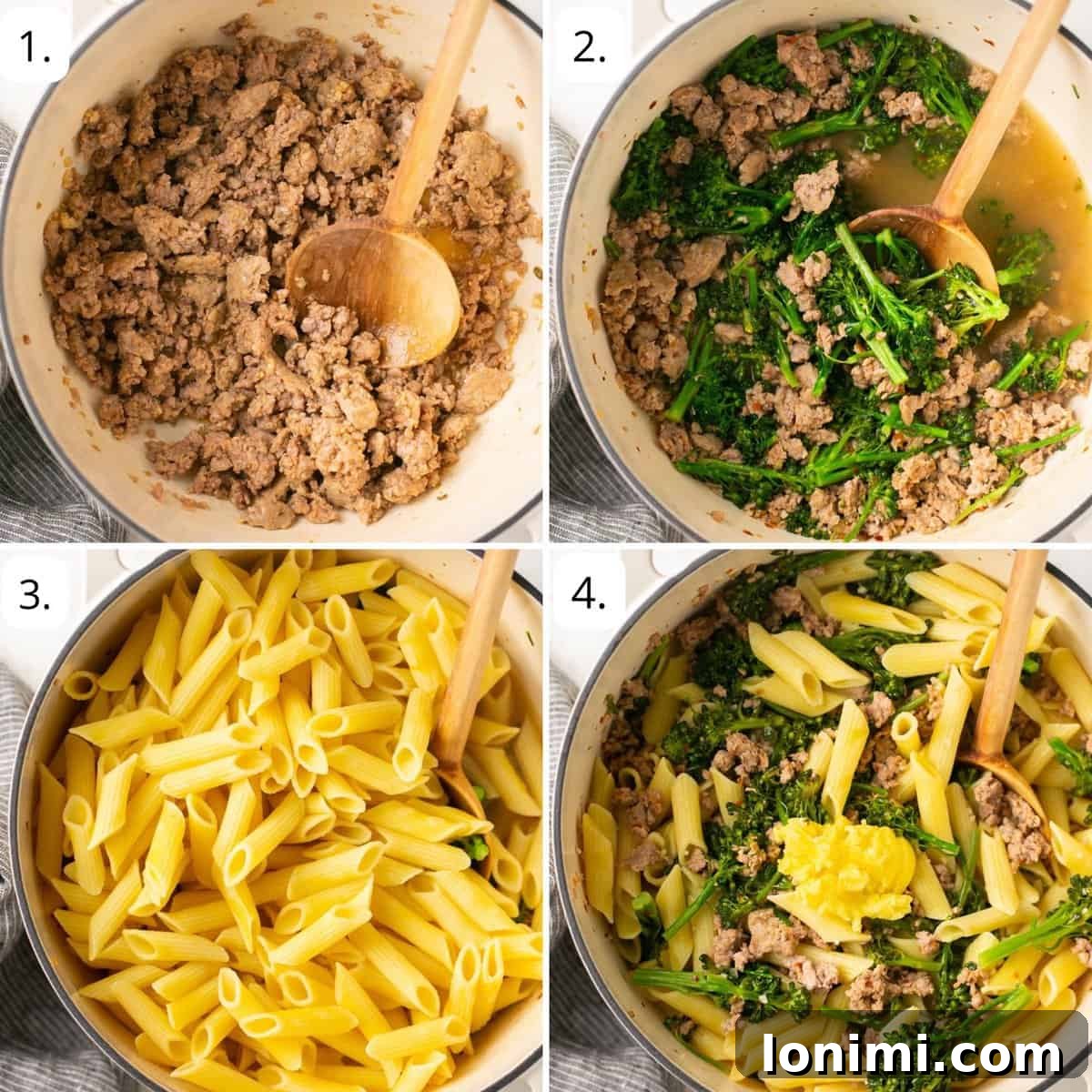Four images showing the step-by-step process of making sausage broccolini pasta.