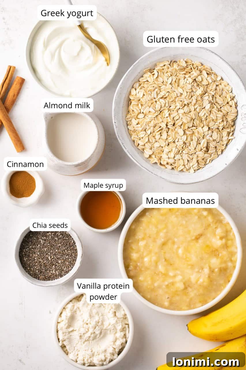 ingredients for overnight oats in nesting jars and various size bowls