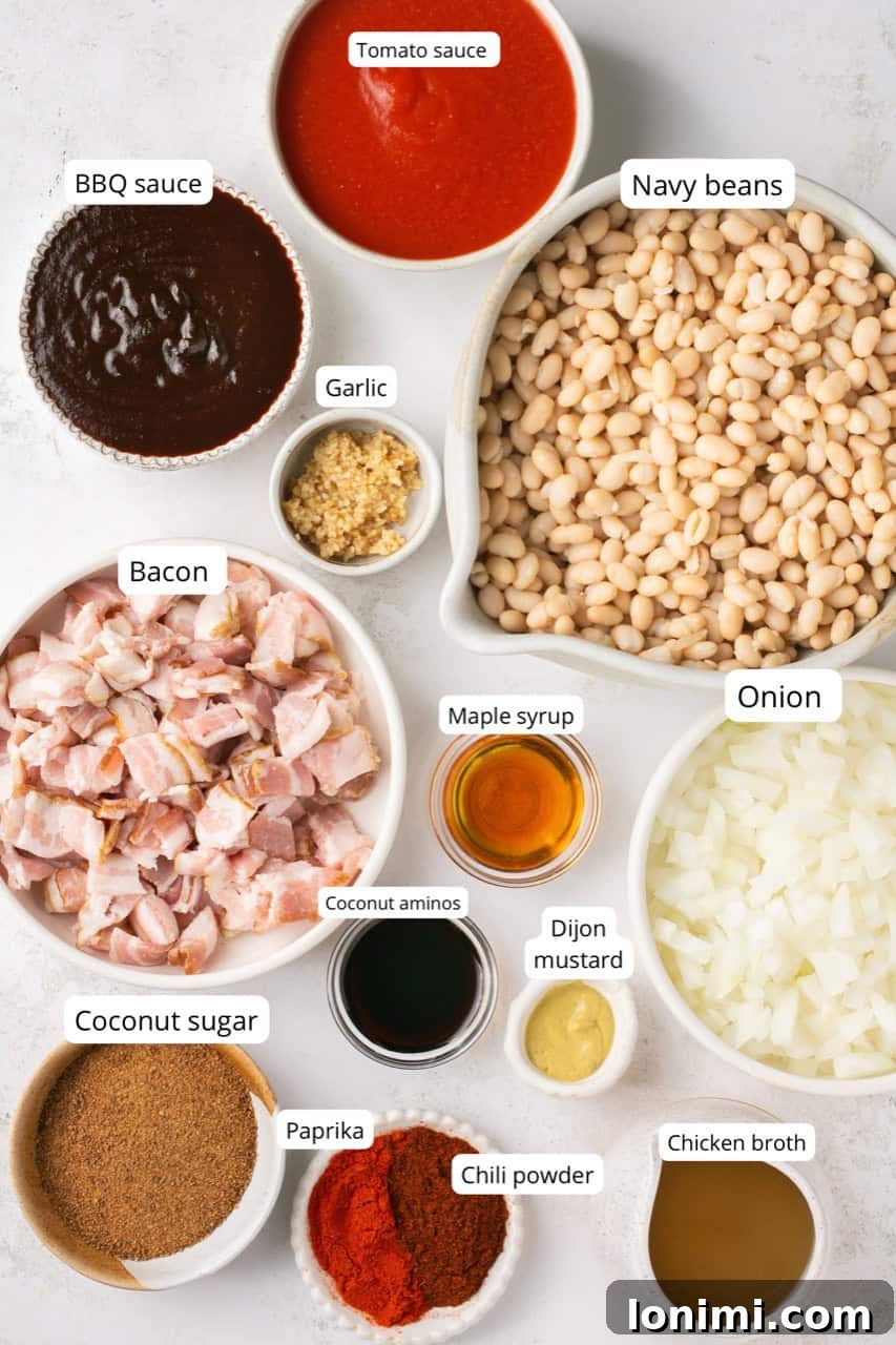 Nutritious Bean Bake 3 A vibrant display of fresh, high-quality ingredients laid out for the healthy baked beans recipe.