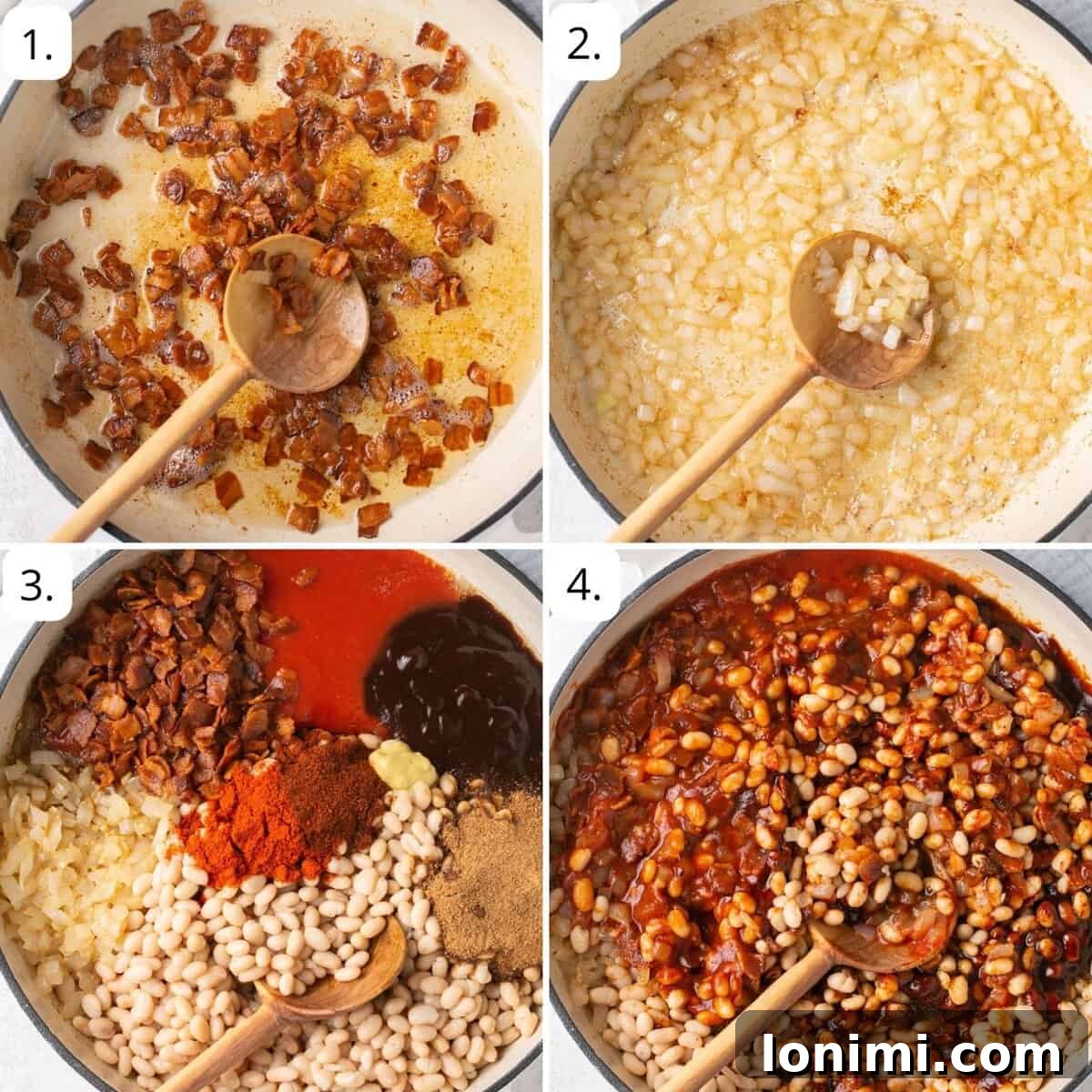 Nutritious Bean Bake 4 A visual guide showing key steps in preparing the healthy baked beans, from sautéing to simmering.