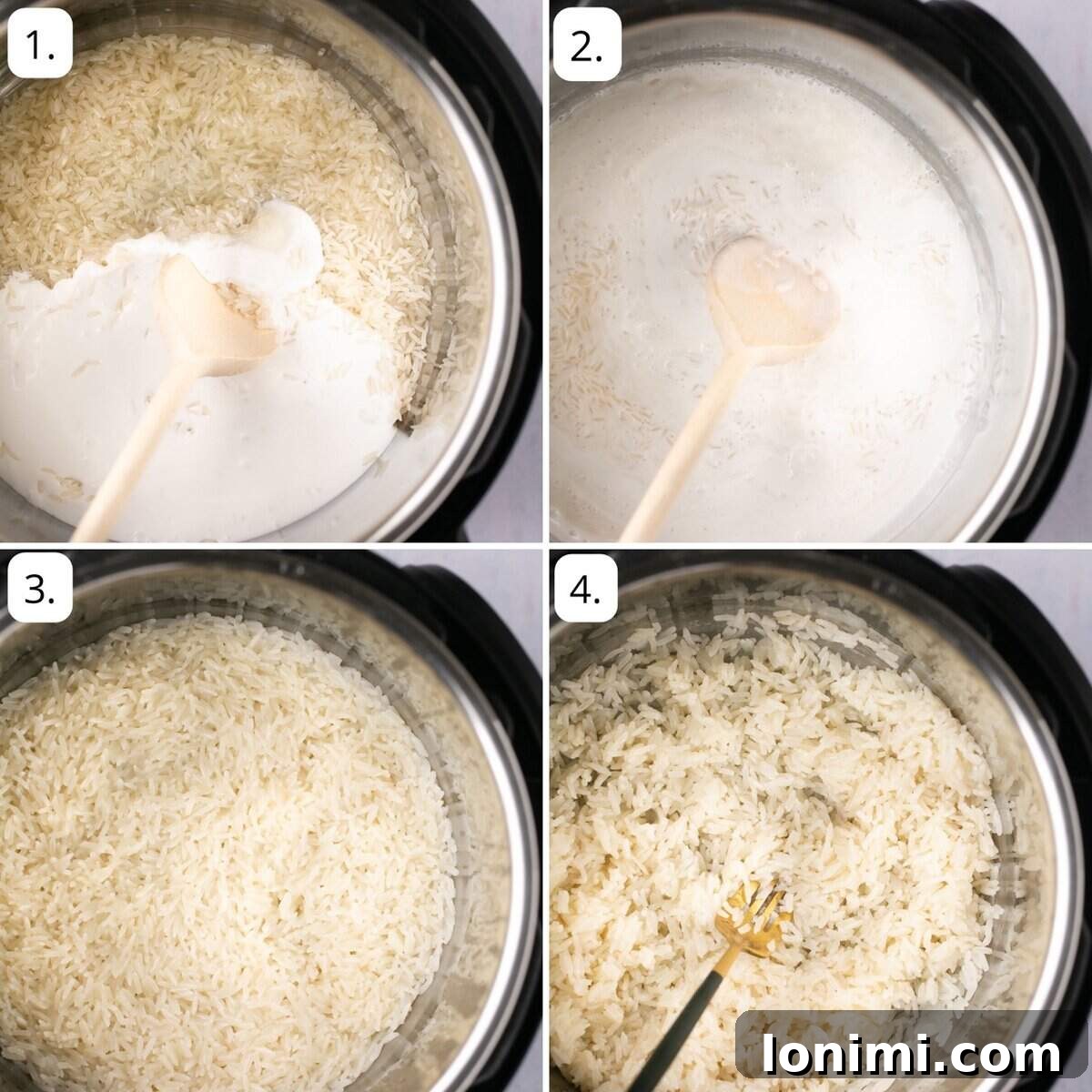 Fluffy and Fragrant Instant Pot Coconut Rice 4 step by step photos showing how to make this recipe