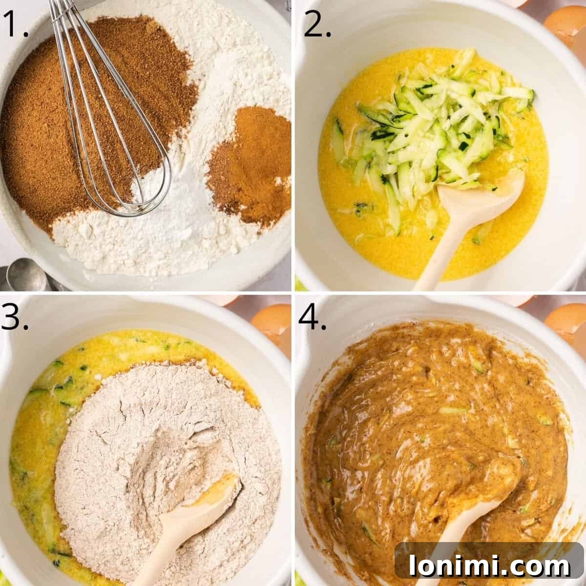 A four-quadrant photo collage illustrating the step-by-step instructions for the zucchini bread recipe, clearly numbered for ease of following.