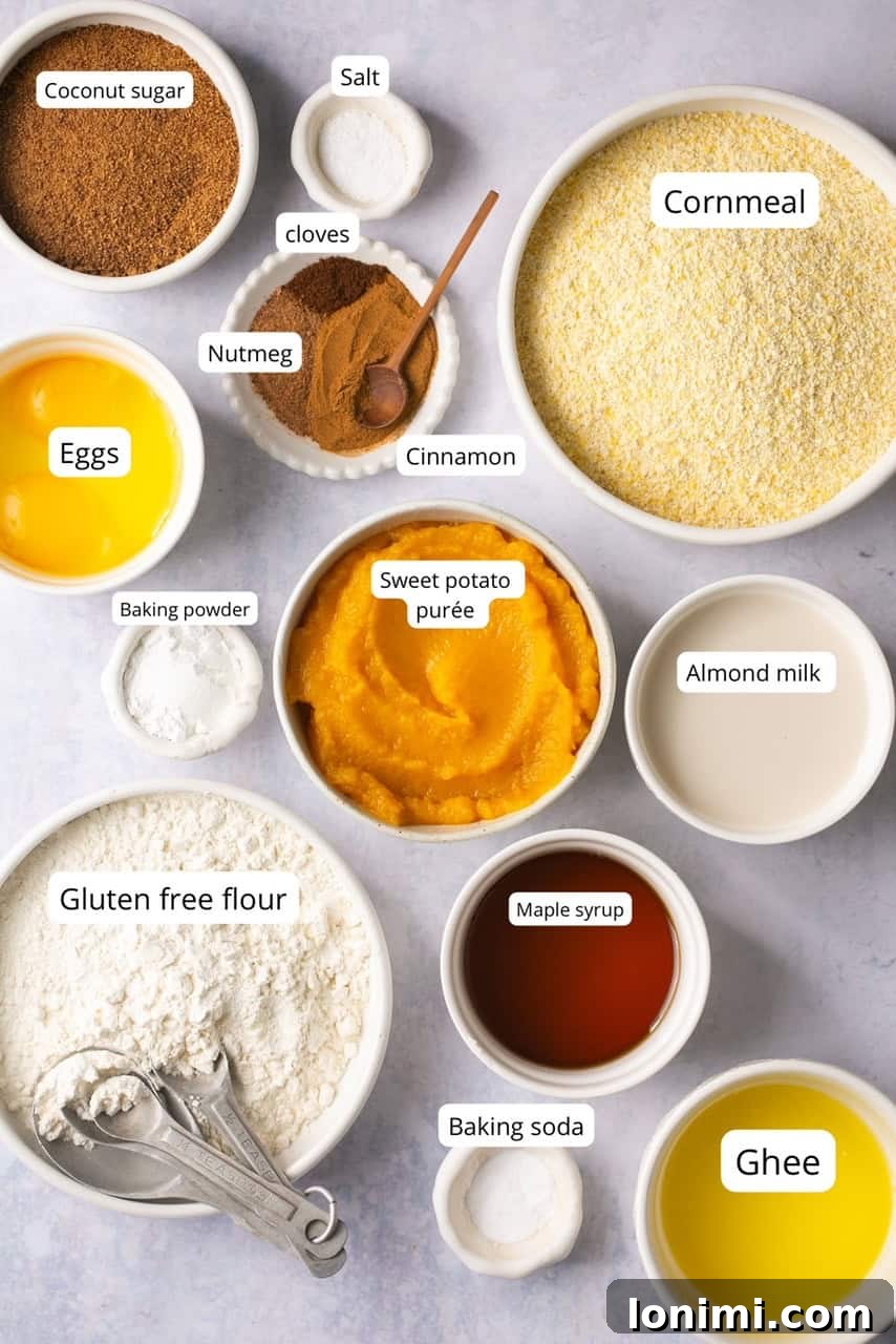 Golden Sweet Potato Cornbread 3 A curated photo of all the cornbread ingredients neatly organized in nesting bowls on a rustic wooden surface, ready for mixing. Each ingredient is fresh and vibrant, emphasizing quality.