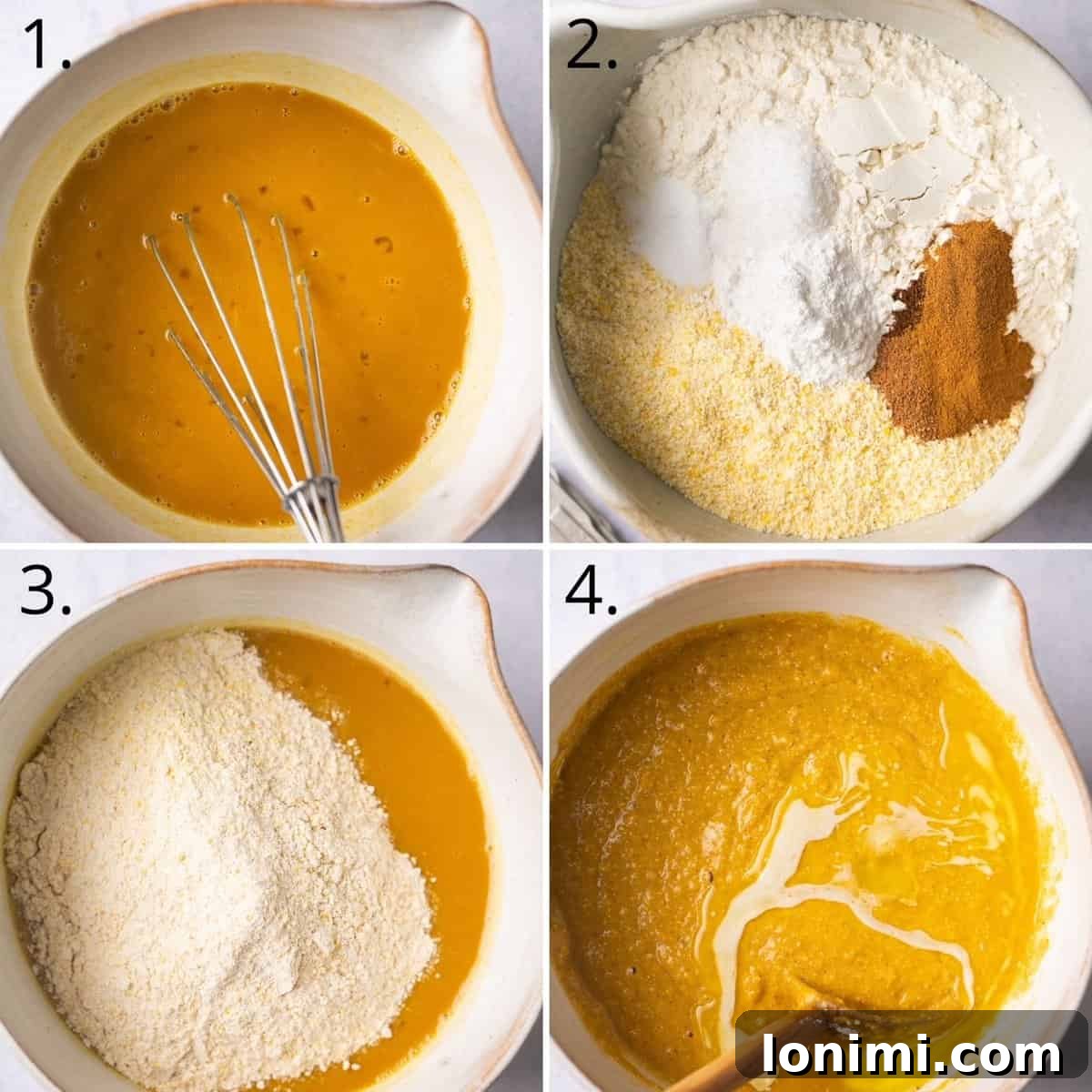 Golden Sweet Potato Cornbread 4 A collage of step-by-step photos illustrating the process of making sweet potato cornbread, from mixing ingredients to pouring batter into a hot skillet, ensuring clarity for home bakers.