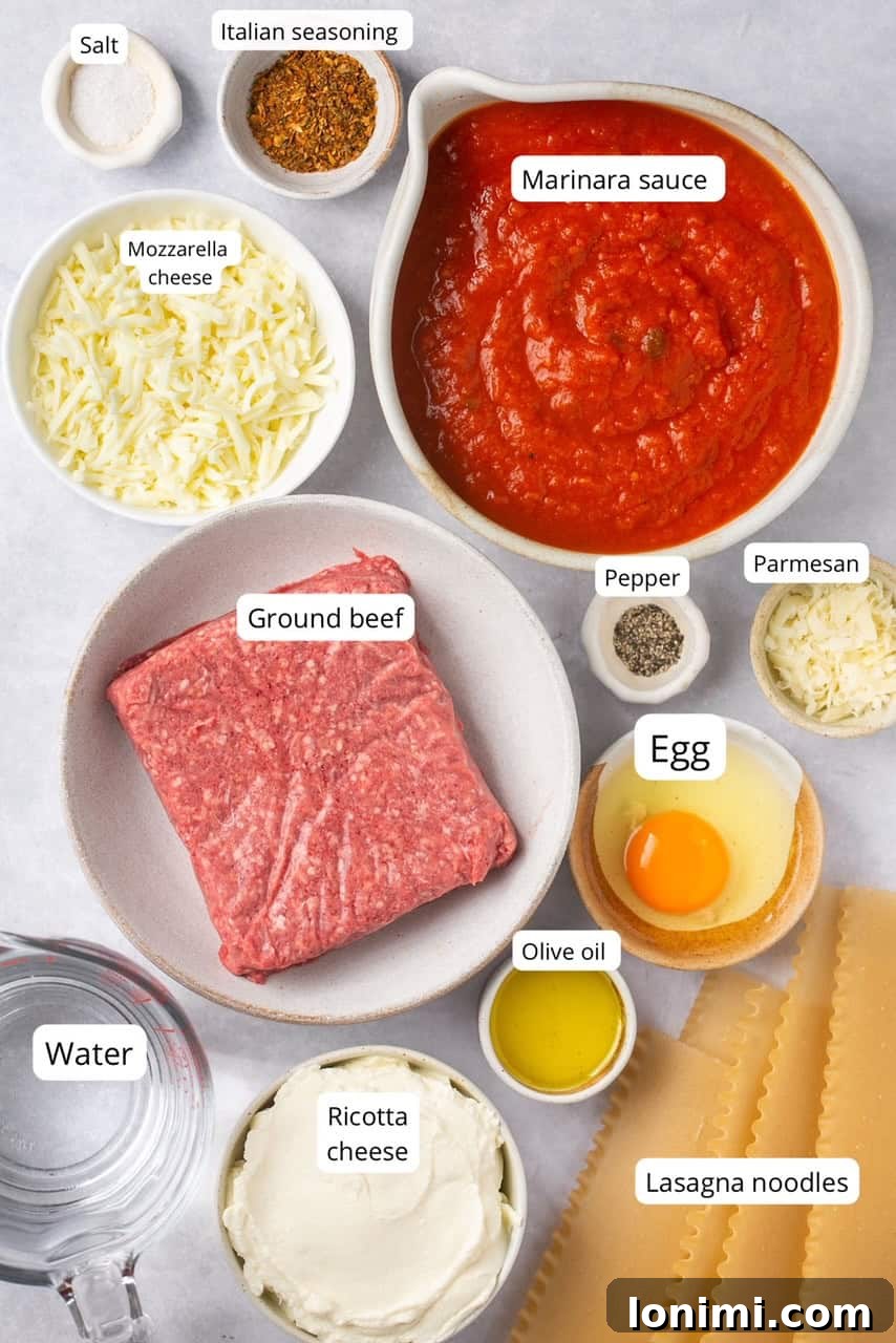 ingredients for instant pot lasagna with gluten free noodles in nesting bowls and labeled
