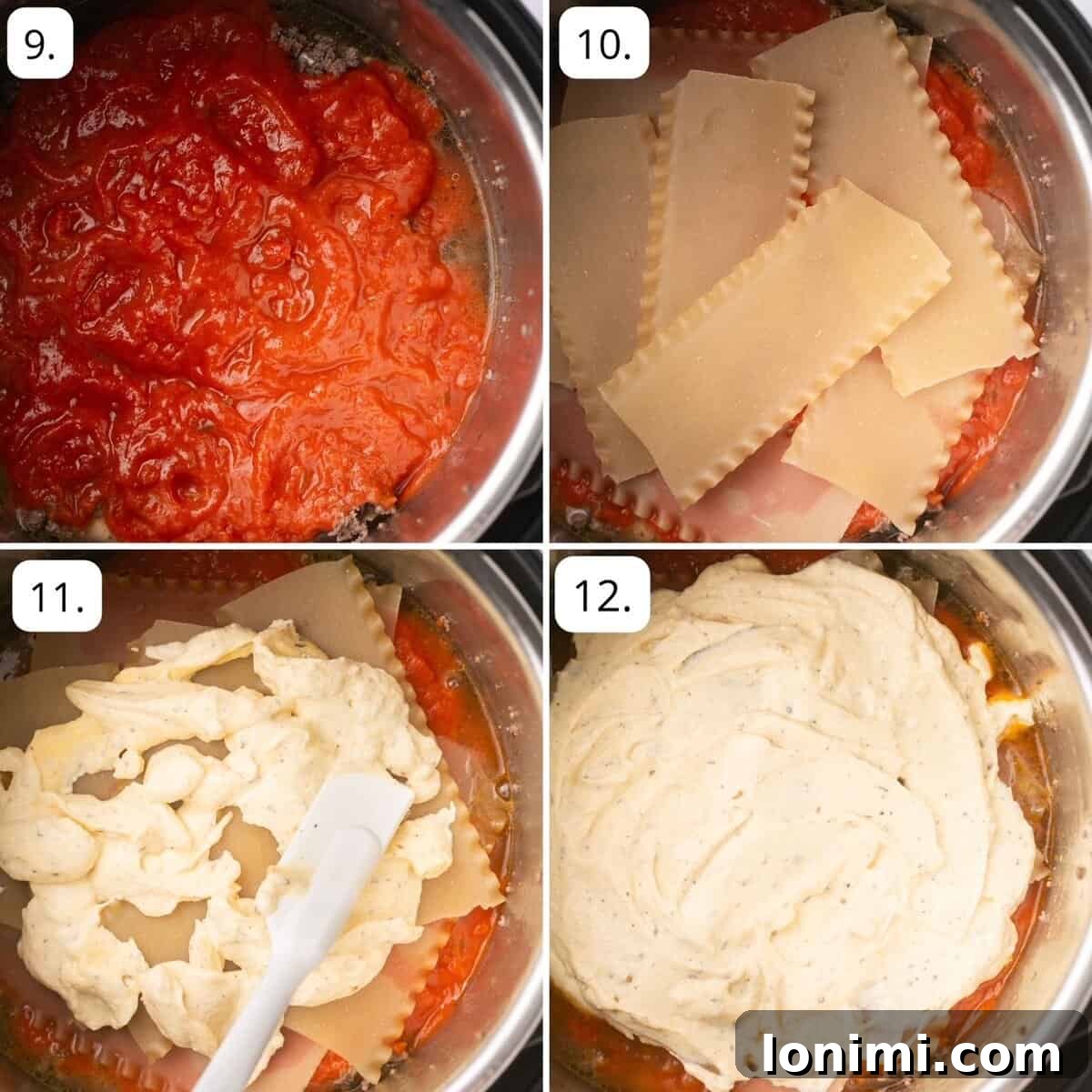 4 quadrants of photos showing how to layer the sauce, noodles, and cheese mixture