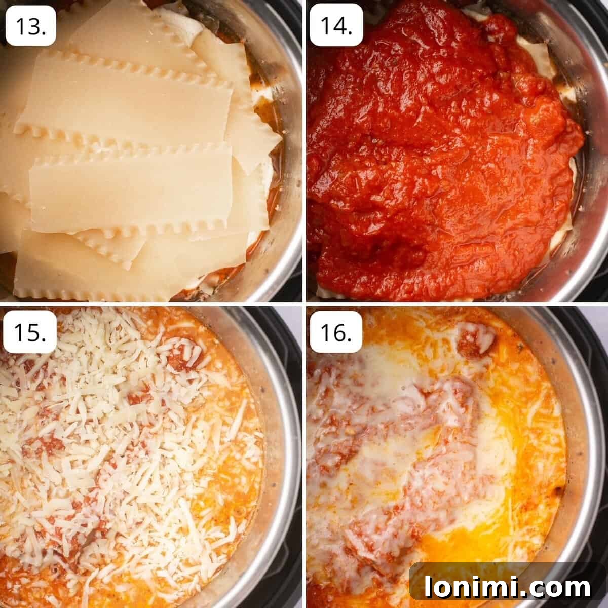 4 photos showing the next steps in assembling the lasagna