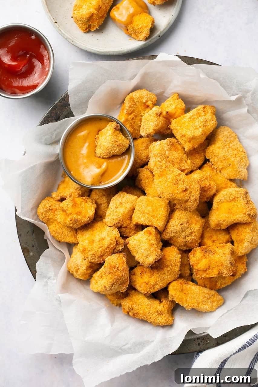 Crispy Air Fryer Chick-fil-A Style Nuggets with Homemade Sauce 2 Crispy air fryer chicken nuggets served in a basket with parchment paper, accompanied by yellow dipping sauce and ketchup.