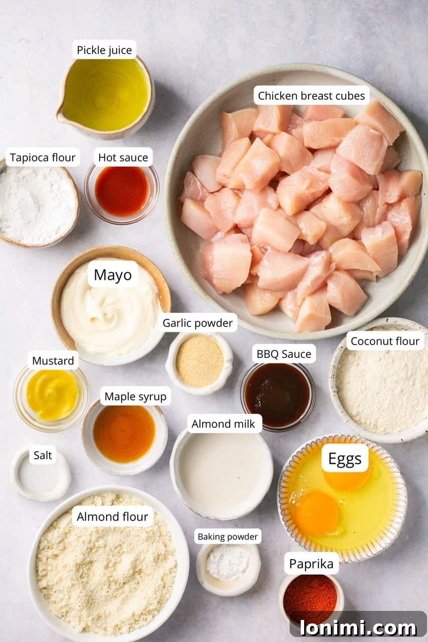 Crispy Air Fryer Chick-fil-A Style Nuggets with Homemade Sauce 3 Ingredients laid out for making air fryer chicken nuggets and homemade dipping sauce.