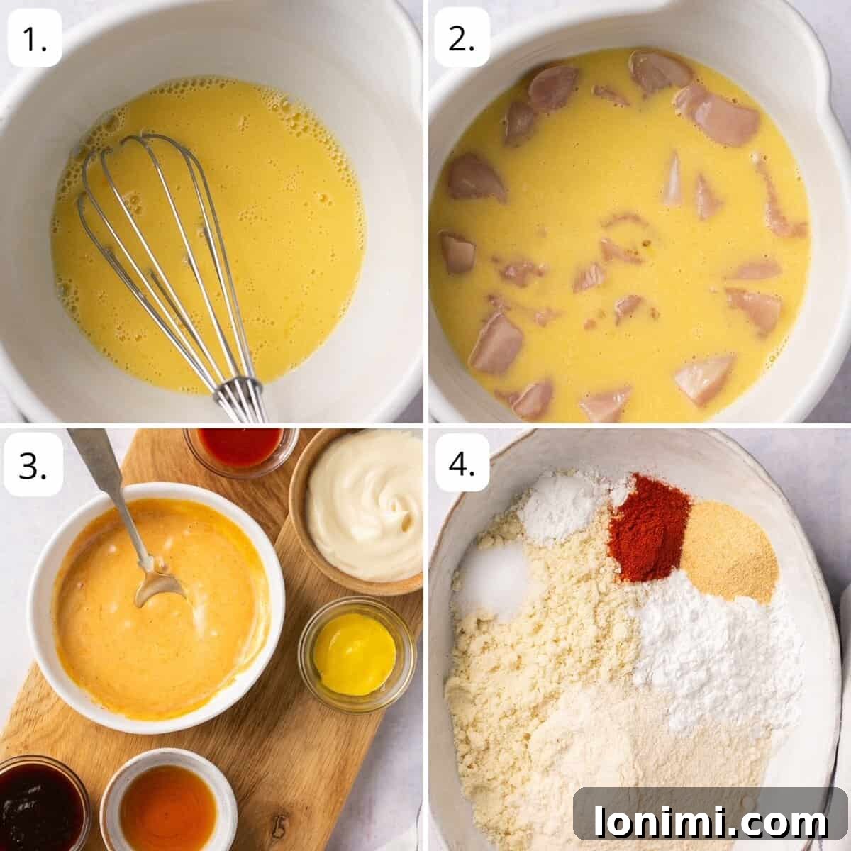 Crispy Air Fryer Chick-fil-A Style Nuggets with Homemade Sauce 4 Visual steps for preparing air fryer chicken nuggets, showing chicken marinating and breading mixture.