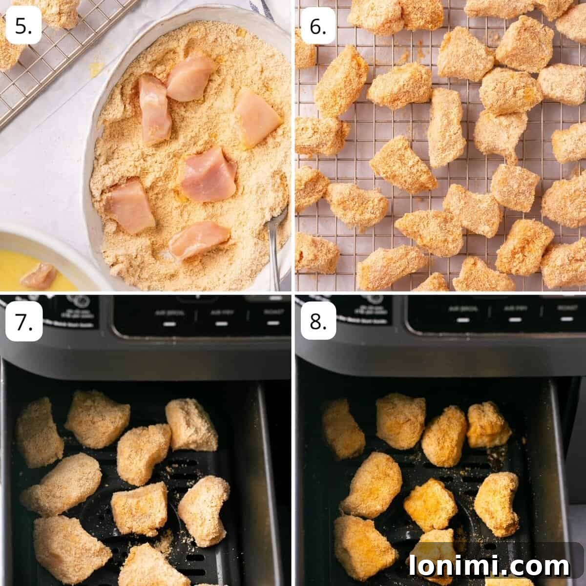 Crispy Air Fryer Chick-fil-A Style Nuggets with Homemade Sauce 5 Continued steps for making air fryer chicken nuggets, showing breaded chicken being placed into the air fryer.