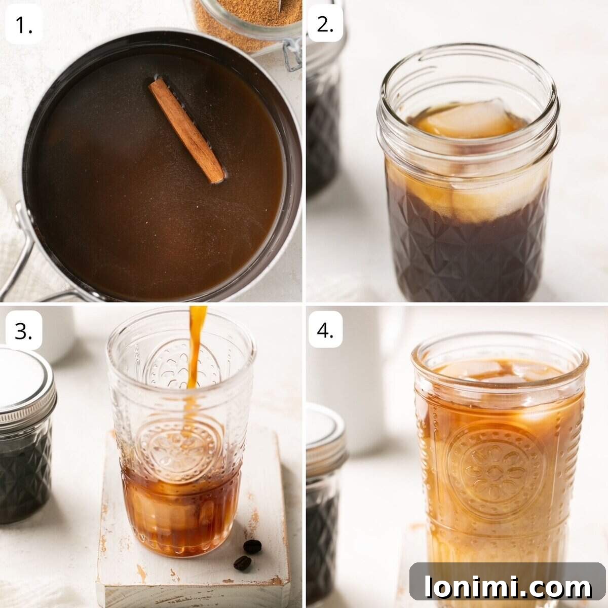 A visual guide showing numbered steps for preparing iced brown sugar oat milk shaken espresso, from making syrup to final assembly.