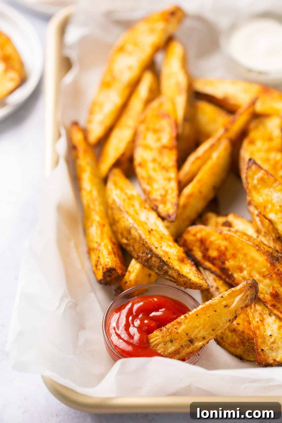 fried potatoes in a basket with one being dipped into ketchup